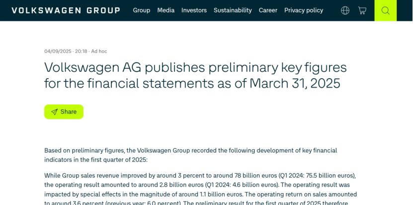 大眾汽車集團Q1營業利潤預計將同比下降近40% 大眾汽車集團Q1營業利潤預計將同比下降近40%